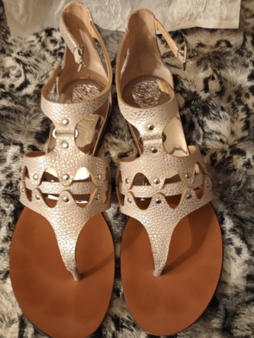 Metallic Silver Cutout Ankle-Strap Thong Gladiator Sandals Women's
